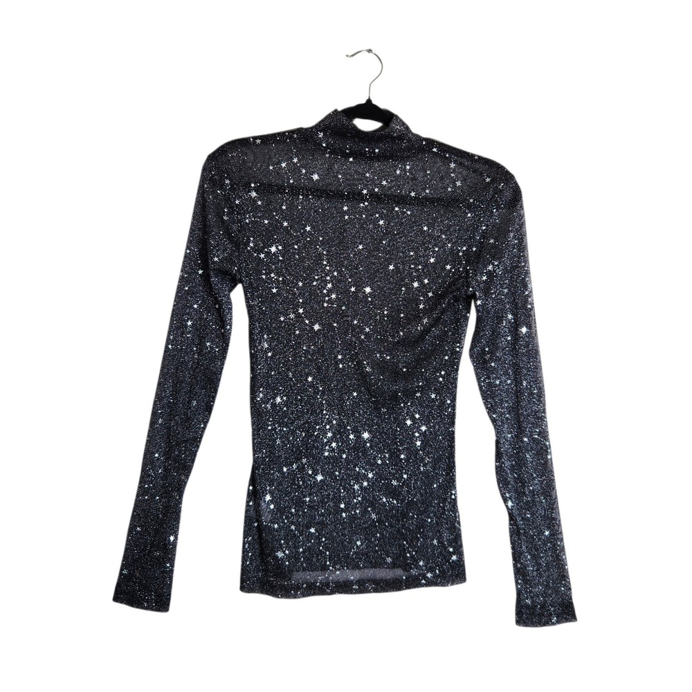 MANGOPOP Womens Black Star Print Mesh Mock Neck Long Sleeve Top Size M